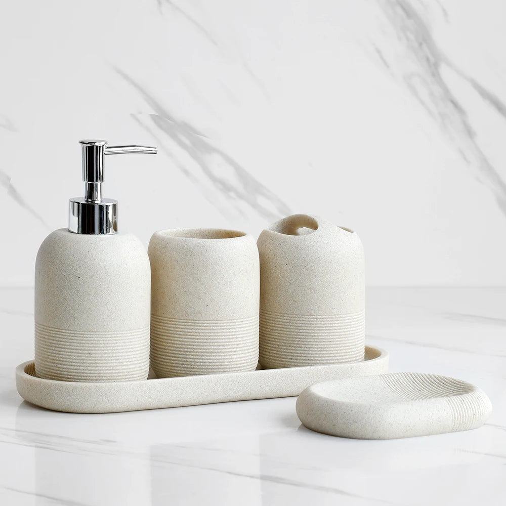 Set Salle de Bain 5 Pièces Beige - Distributeur, Brosse, Gobelet