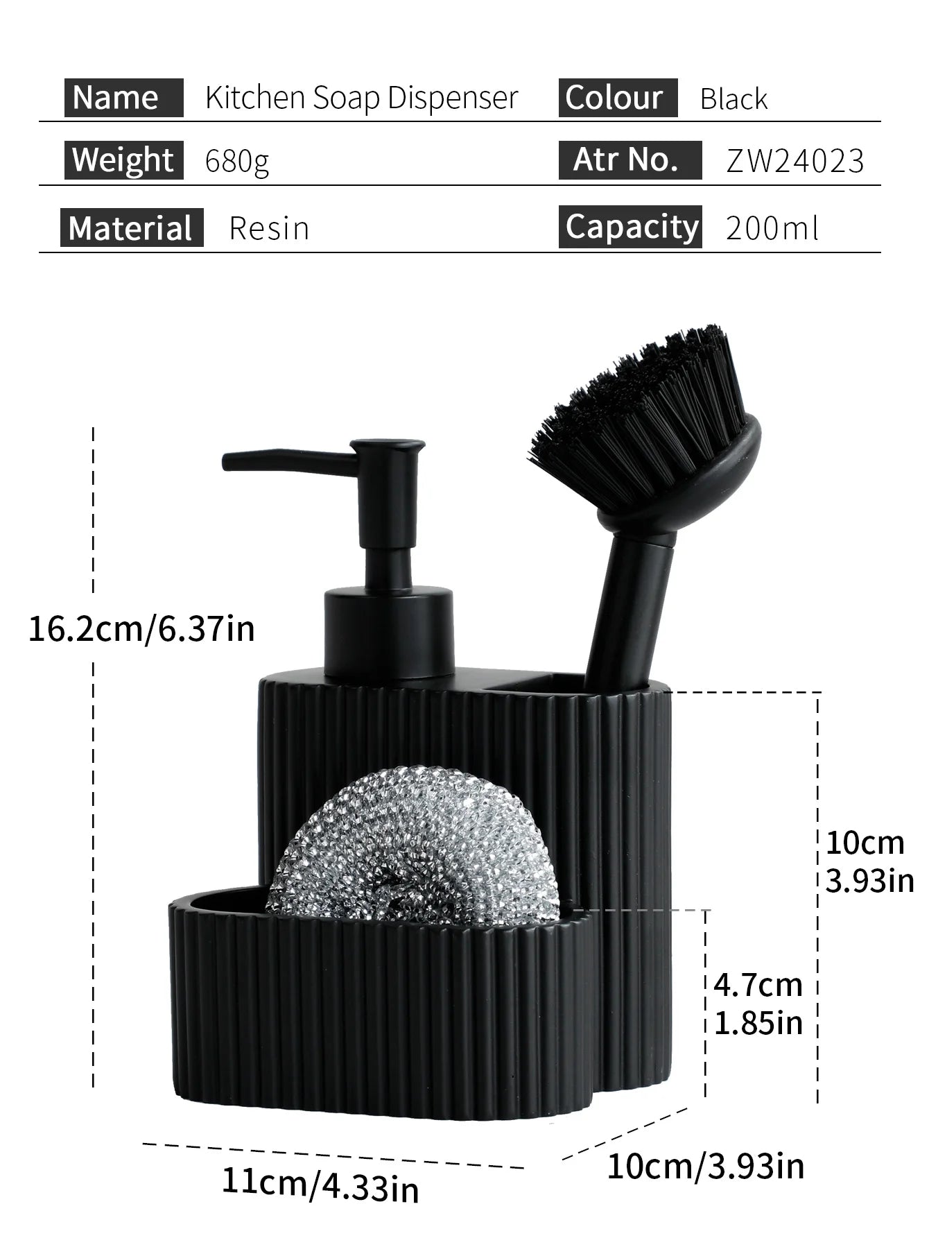 Set Distributeur Savon Cuisine 3 en 1 Blanc - Porte-Éponge et Brosse
