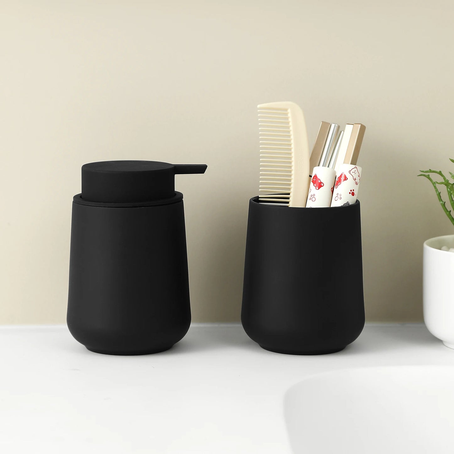 Set Salle de Bain 2 Pièces Noir Doré - Distributeur et Gobelet