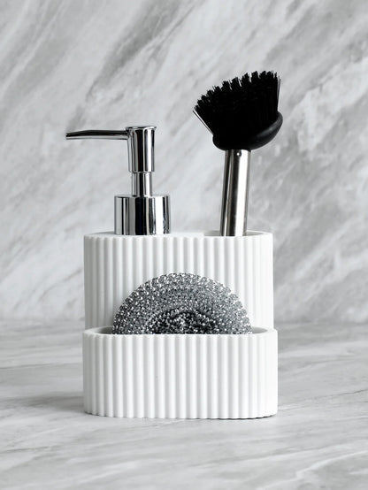 Set Distributeur Savon Cuisine 3 en 1 Blanc - Porte-Éponge et Brosse