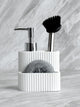 Set Distributeur Savon Cuisine 3 en 1 Blanc - Porte-Éponge et Brosse