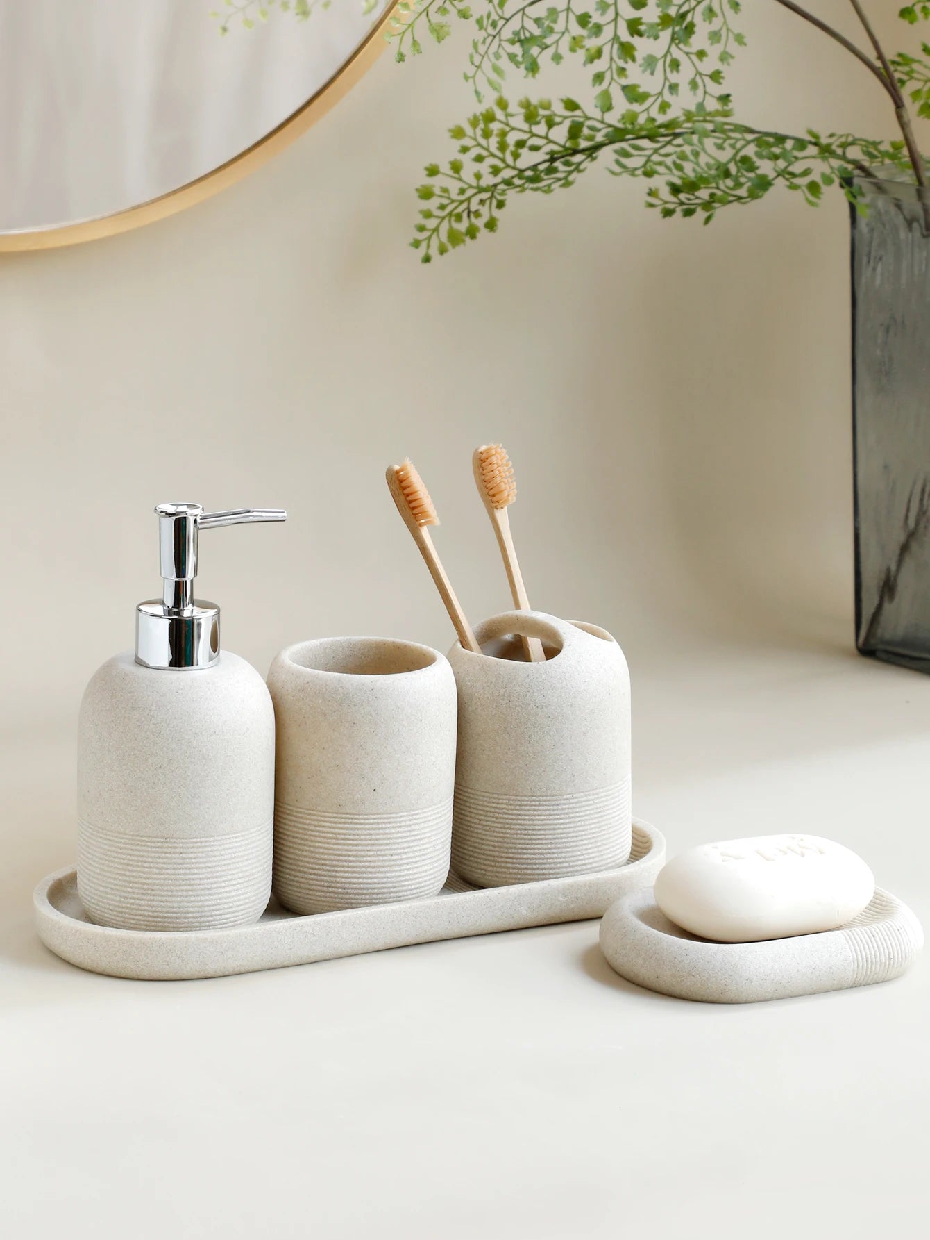 Set Salle de Bain 5 Pièces Gris - Distributeur, Brosse, Gobelet