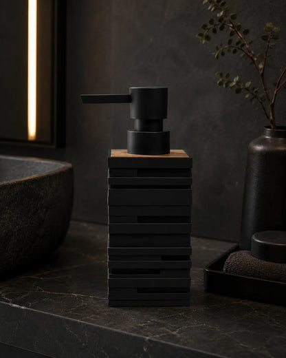 Distributeur Savon Noir Mat Finition Bois de Teck